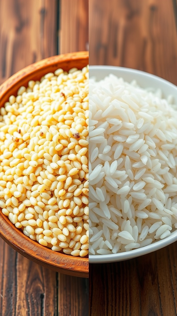 A comparison of quinoa and rice, with quinoa in a rustic bowl and rice in a smooth bowl against a wooden background.
